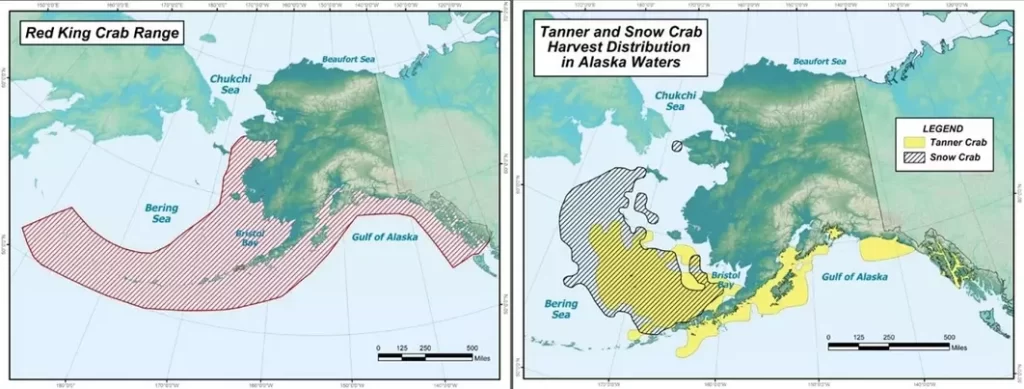 king crab and snow crab habitat range around Alaska